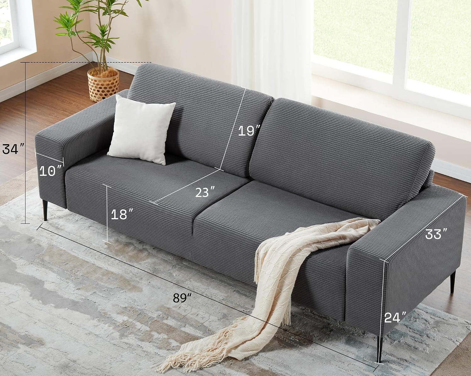 AMERLIFE 89 inch Sofa, 3 Seater Sofa Chair Set, 3 Chairs and Sofa Set, Comfy Sofa Couch with Extra Deep Seats, Grey Corduroy