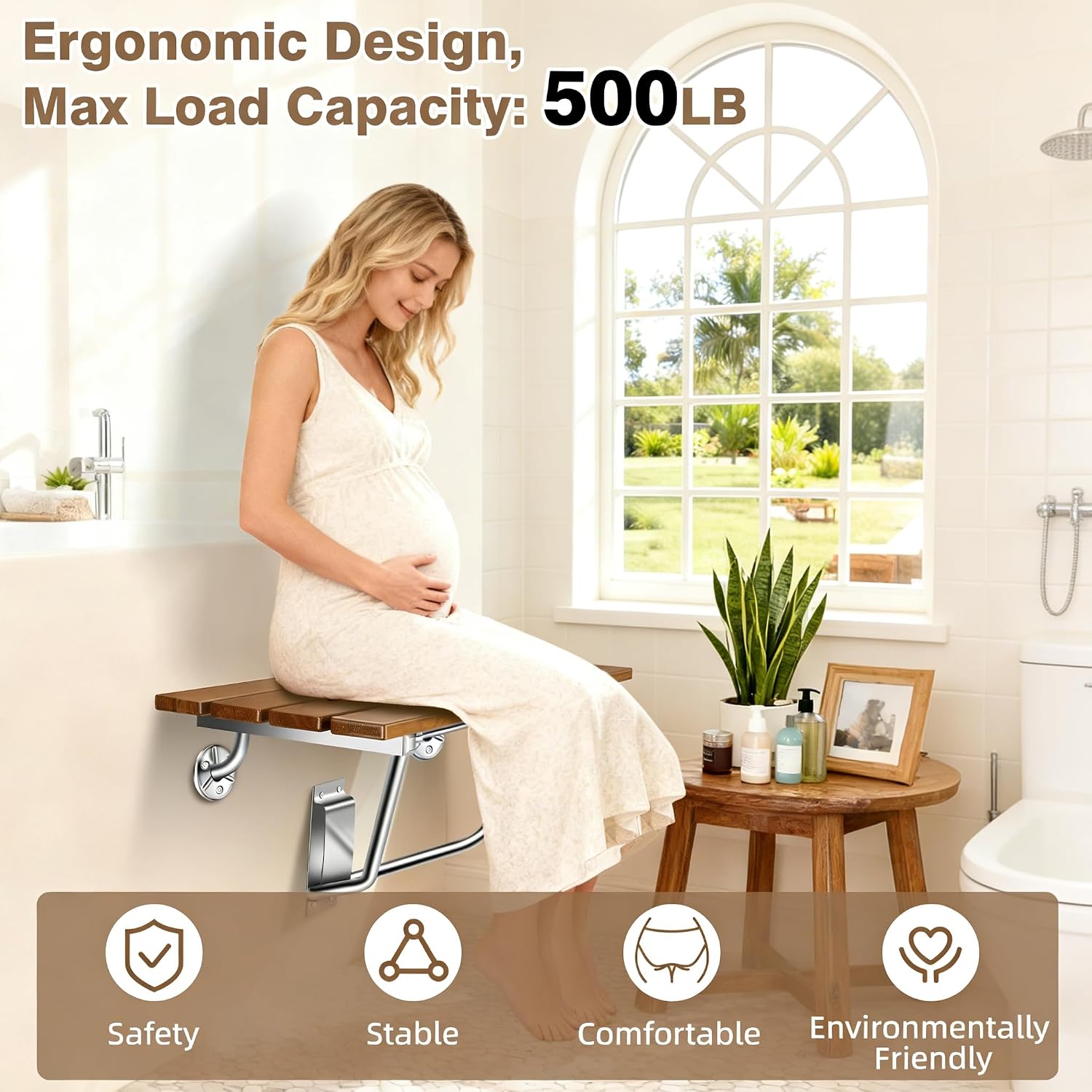 24'' Folding Shower Seat Wall Mounted, Folding Shower Bench with Stainless Steel Bracket, 500lb Load Capacity, for Elderly, Pregnant Women, Kids, Disabled