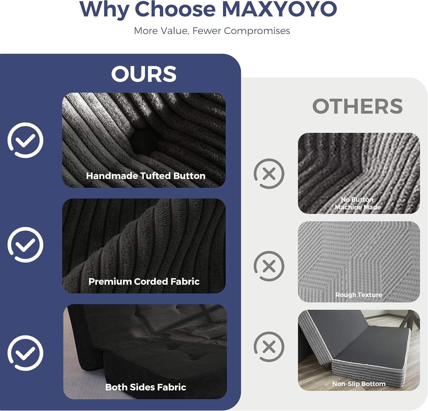 MAXYOYO 8' Foldable Floor Sofa Bed, Tufted Foldable Couch Bed Thick Folding Mattress with Handles, Versatile Folding Sofa Couch for Floor Sleeping, Living Room & Guest Room, Black