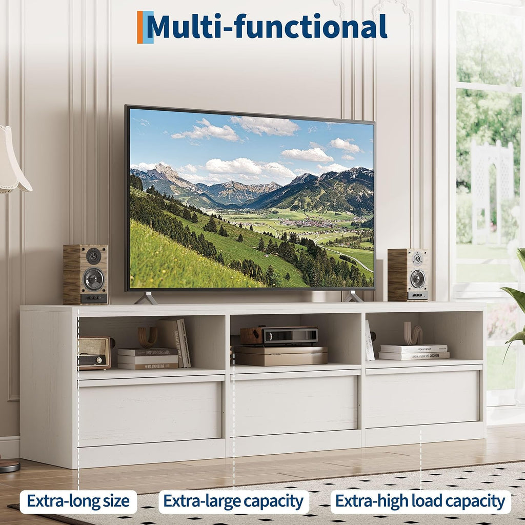 IDEALHOUSE 70 inch TV Stand for 80' TVs, Mid Century Modern Entertainment Center with Storage Drawer & Open Shelves, Wood Media Console Cabinet for Living Room/Bedroom, White
