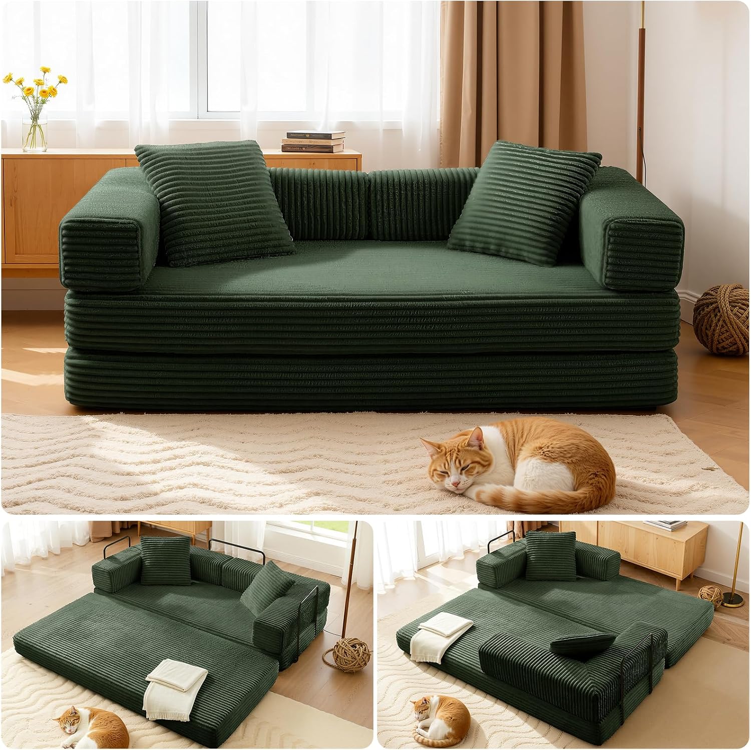 81'' Futon Sofa Bed, Folding Floor Couch Bed, Corduroy Fabric Boneless Couch, Compressed Boneless Sofa in a Box, Comfy Sleeper for Living Room-Green