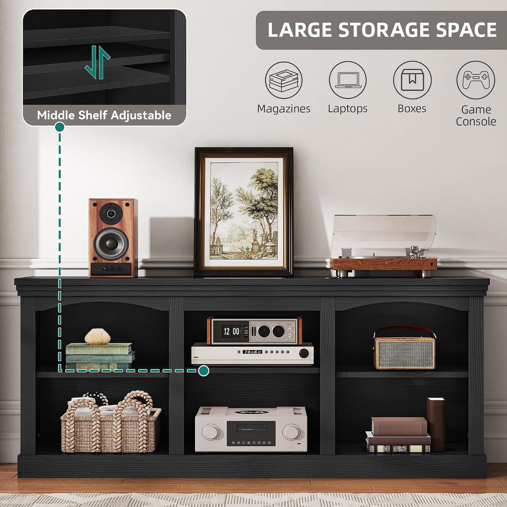 YITAHOME Farmhouse TV Stand with Cord Management for 75/80 Inch TV, Entertainment Center with Adjustable Shelf & Open Storage, 70' TV Console Table for Living Room (Black)