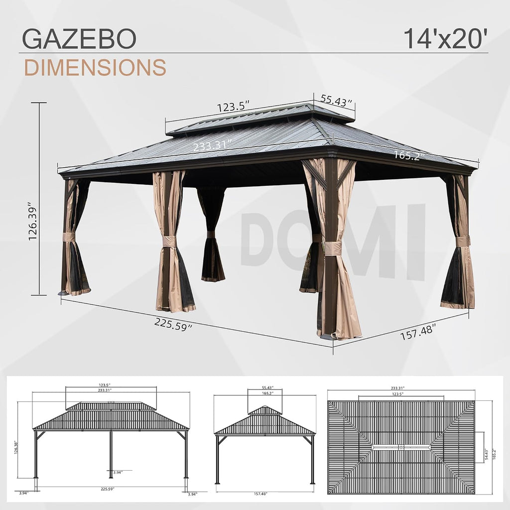 Domi 14' X 20' Hardtop Gazebo, Upgraded Metal Gazebo with Drainage System, Dual-Layer Galvanized Steel Roof, Curtain and Netting, Outdoor Shelter Canopy for Patio, Garden, and Backyard, Brown