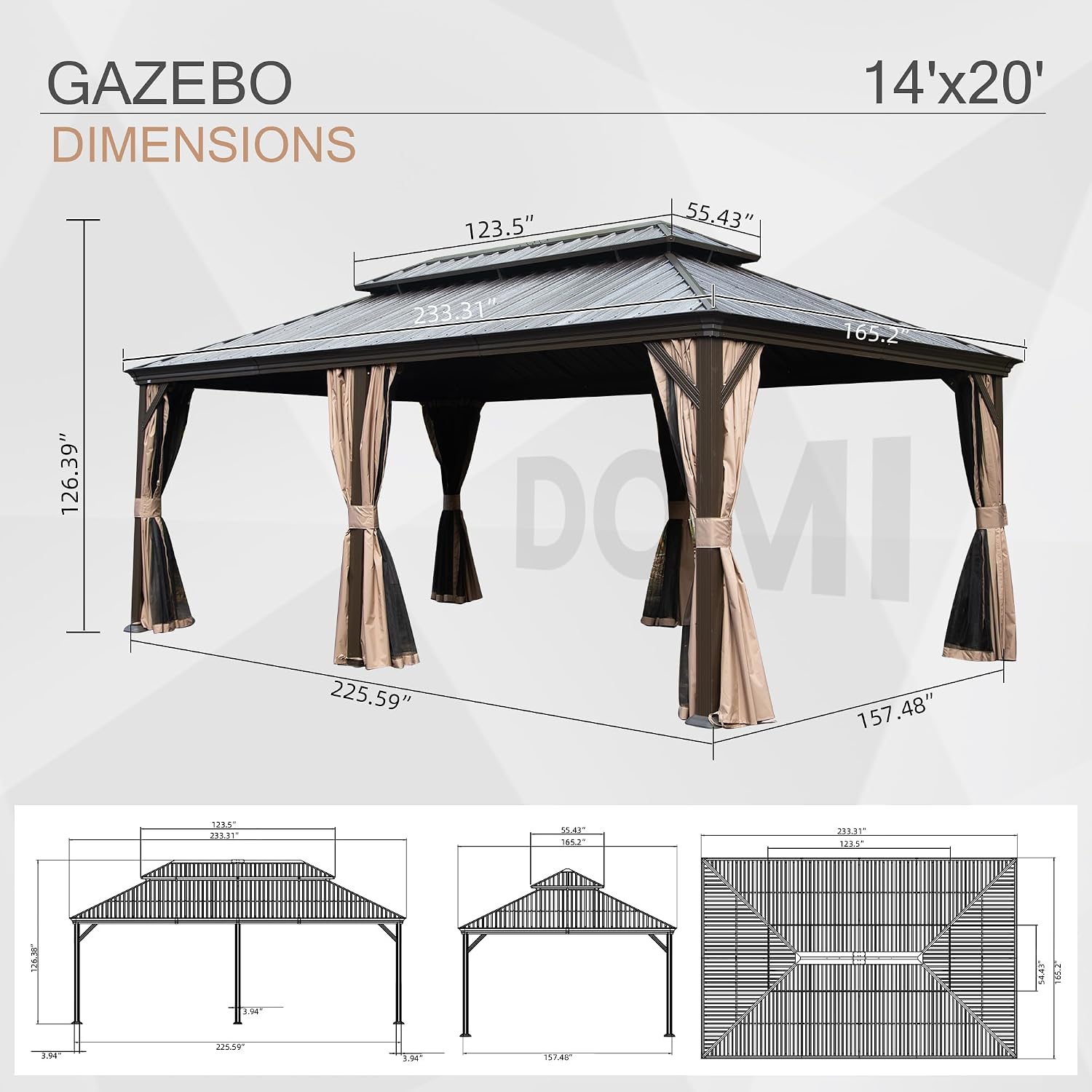 Domi 14' X 20' Hardtop Gazebo, Upgraded Metal Gazebo with Drainage System, Dual-Layer Galvanized Steel Roof, Curtain and Netting, Outdoor Shelter Canopy for Patio, Garden, and Backyard, Brown