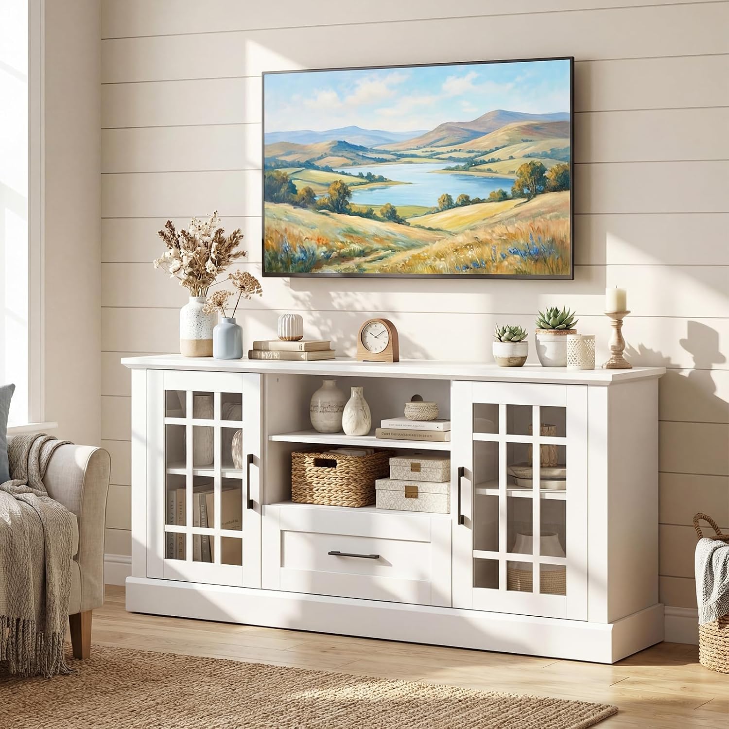 Giantex Farmhouse TV Stand for 65/70 Inch TV, Tall Entertainment Center with Storage Cabinets, Glass Doors, Drawer, Removable Shelves, Media TV Console Table for Living Room, Bedroom (White)
