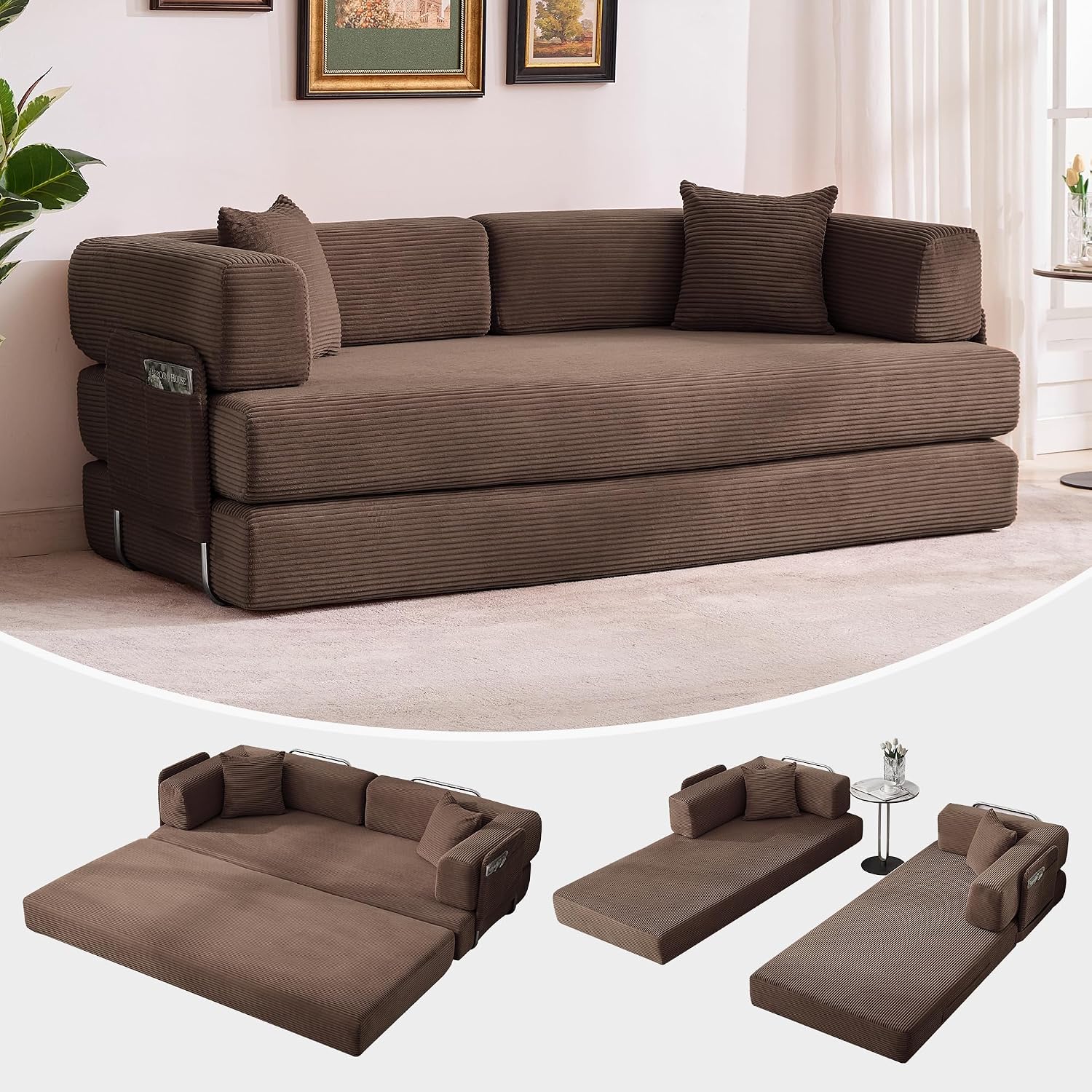 Garvee 5-in-1 Convertible Sofa Bed, 78.8' Modular Corduroy Sleeper with Sturdy Frame & No Assembly, Multi-Functional Futon for Small Space, Living Room & Guest Room (Brown)