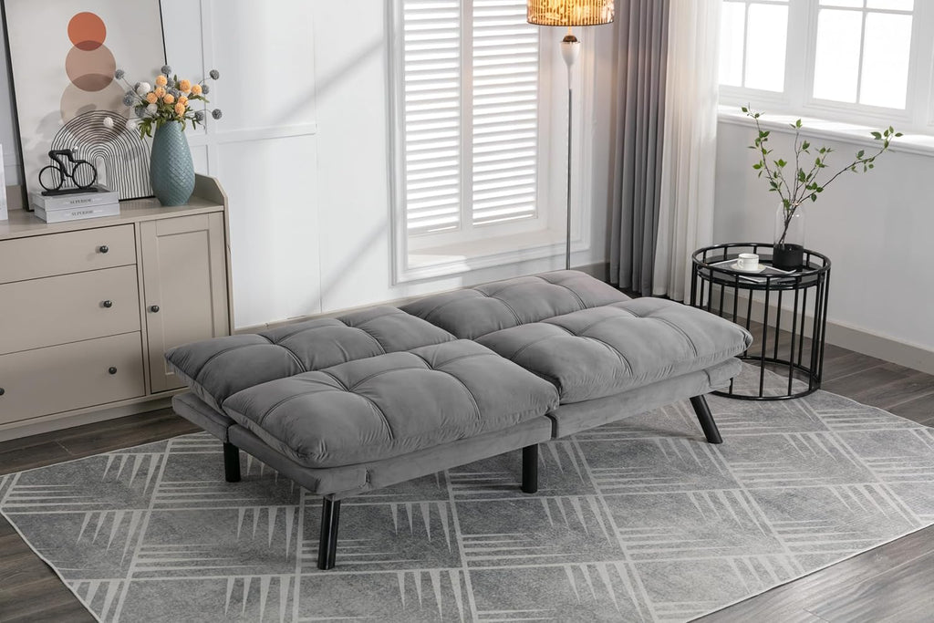 Convertible Futon Sofa Bed for Small Spaces, Modern Multi-Functional Sleeper with Adjustable Backrest, Tufted Brown Fabric Couch for Living Room, Apartment, Dorm (Light Grey)