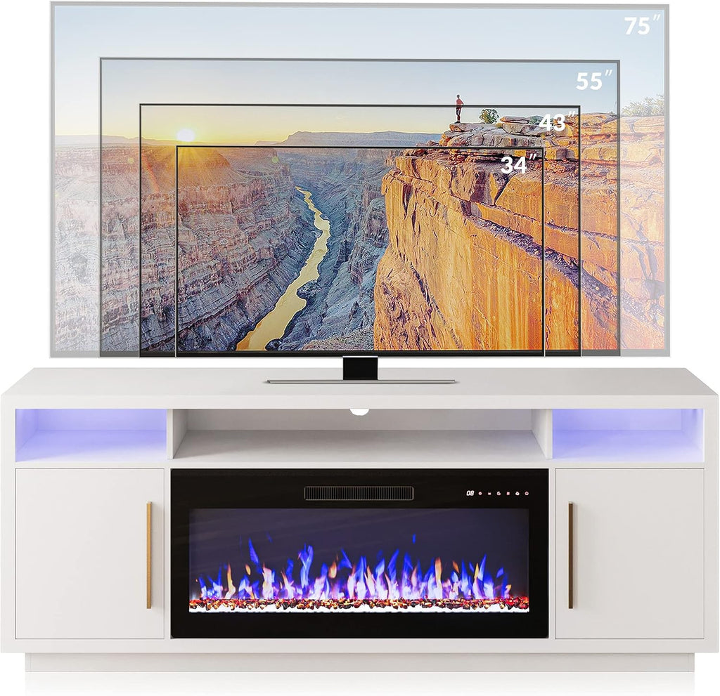BELLEZE 70' Fireplace TV Stand for TVs Up to 80', LED Light Entertainment Center with 36' Electric Fireplace Heater, Storage Cabinet, Media Console Table for Living Room - Avenue (White)