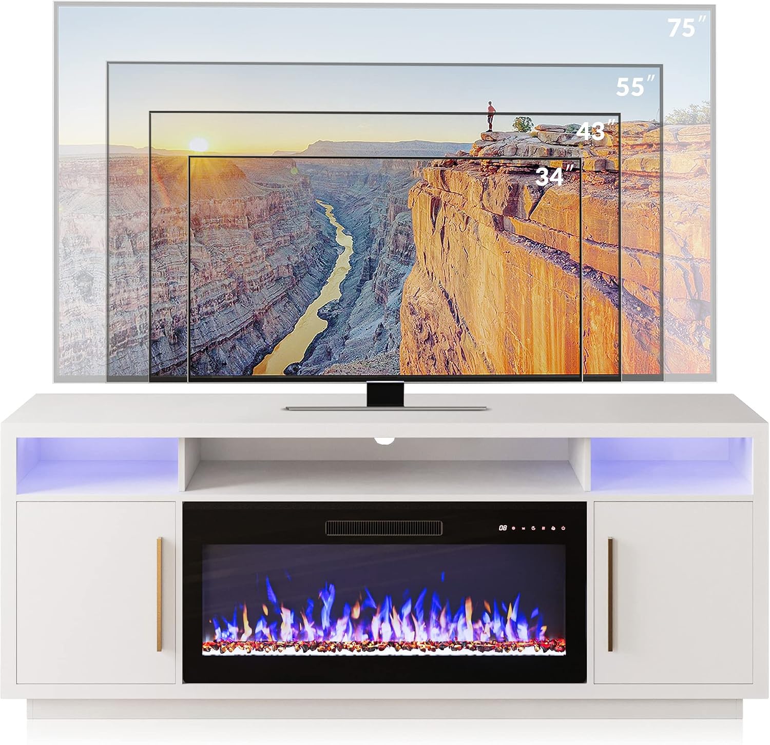 BELLEZE 70' Fireplace TV Stand for TVs Up to 80', LED Light Entertainment Center with 36' Electric Fireplace Heater, Storage Cabinet, Media Console Table for Living Room - Avenue (White)