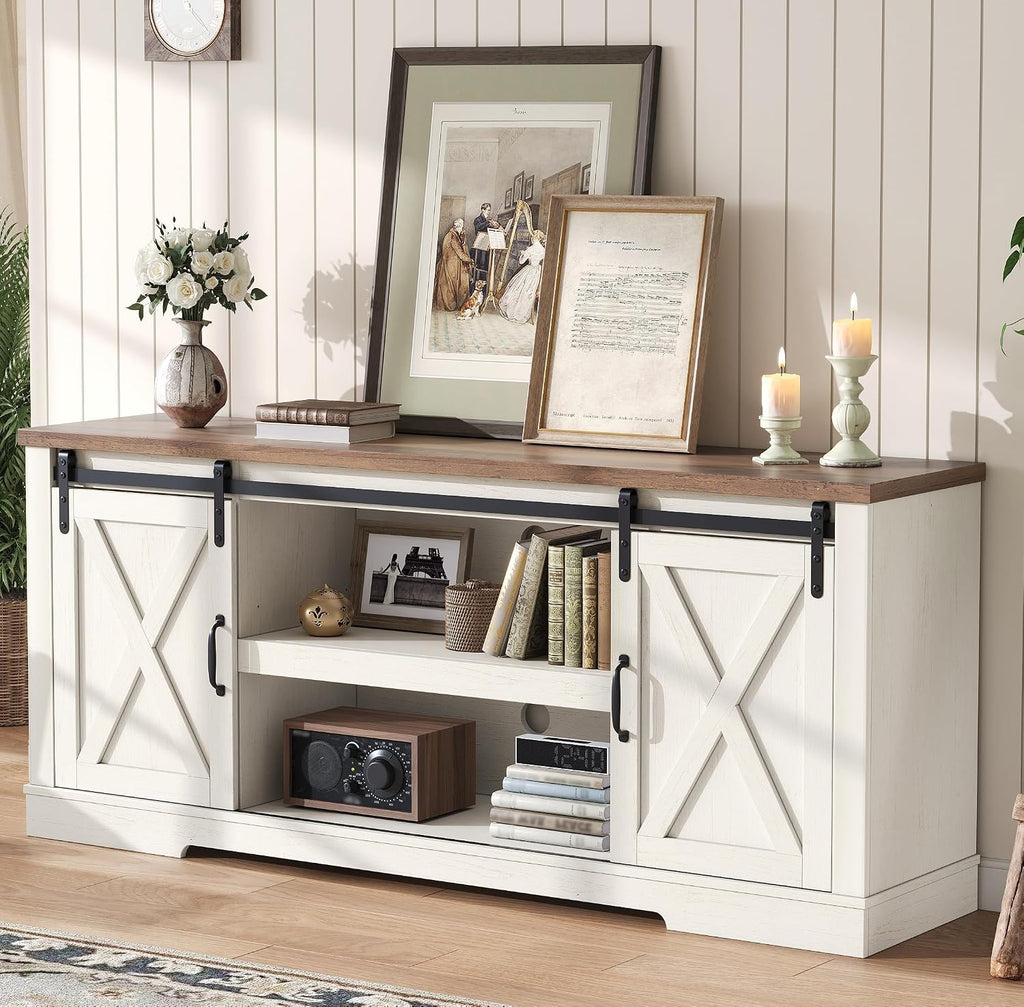 AMERLIFE 66' Farmhouse TV Stand for 75 Inches TVs, Entertainment Center with Sliding Barn Door and Adjustable Shelf & Feet, Console Table with Storage, Rustic White & Honey Brown