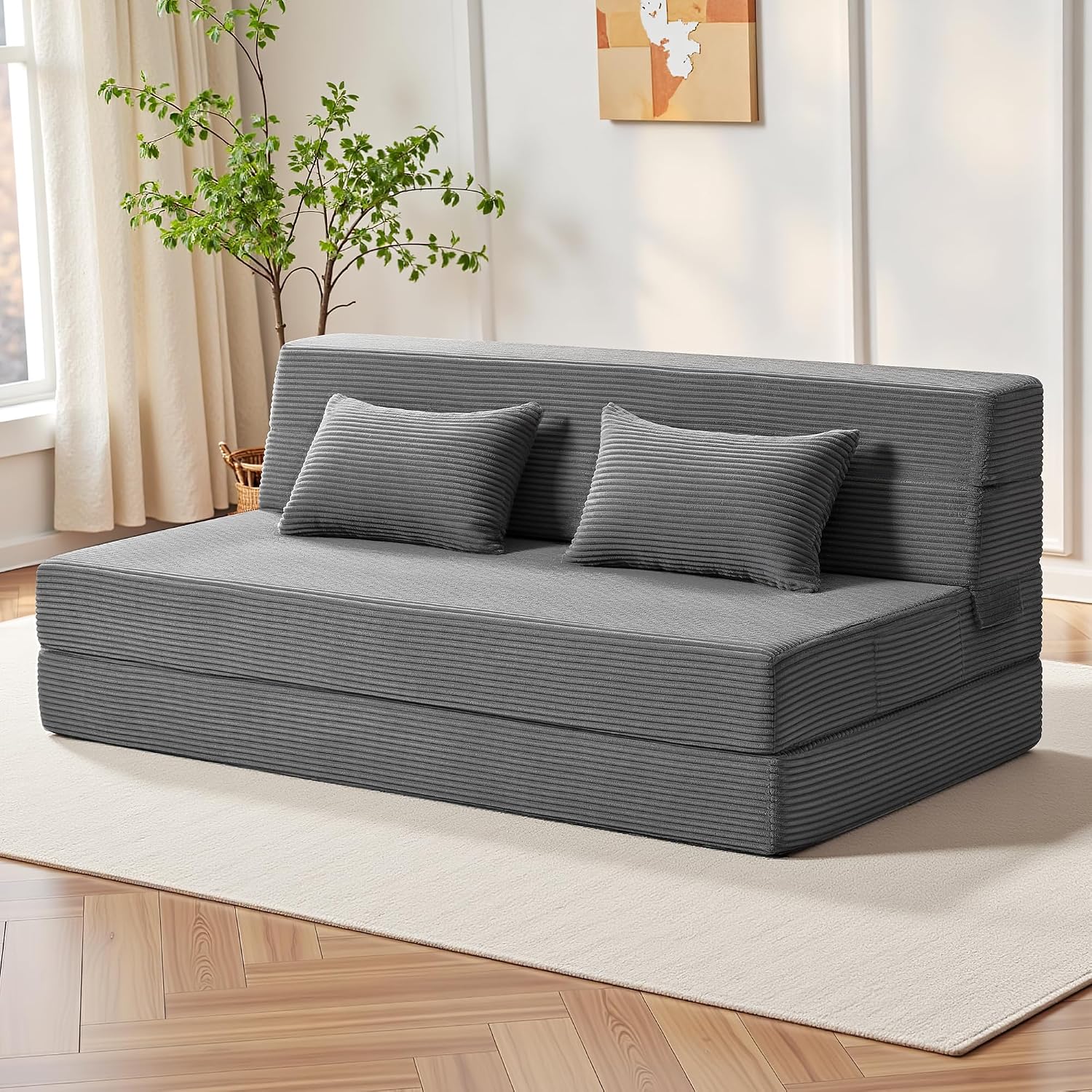 Youzi Folding Sofa Bed Convertible Sleeper Chair with Pillow, 4-in-1 Foldable Mattress Futon Couch Bed to Lounge Chair for Living Room, Bedroom, Dorm & Guest, Washable Cover, Dark Gray, Queen