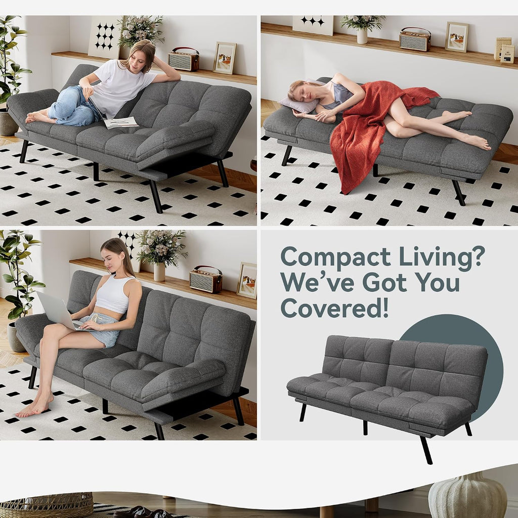 Futon Sofa Bed Convertible Couch, Grey Linen Sofa Bed with Memory Foam, Adjustable Backrest & Armrests, Multifunctional Small Loveseat Sleeper Sofa for Living Room, Apartment, Office