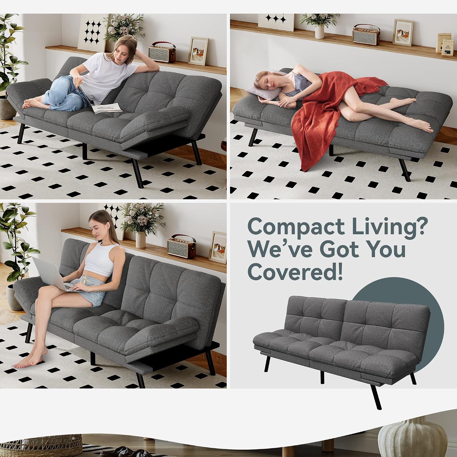 Futon Sofa Bed Convertible Couch, Grey Linen Sofa Bed with Memory Foam, Adjustable Backrest & Armrests, Multifunctional Small Loveseat Sleeper Sofa for Living Room, Apartment, Office