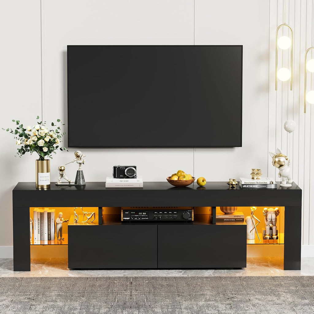 YESHOMY Modern Black LED TV Stand for Televisions up to 70 Inch with Glass Shelves and Drawer, Gaming Entertainment Center with Multiple Dynamic RGB Modes, for Livingroom, Bedroom, 60 Inch, Black
