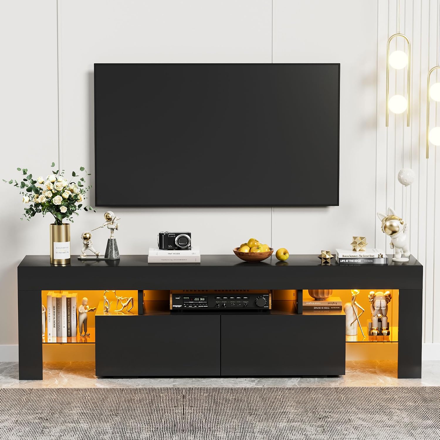 YESHOMY Modern Black LED TV Stand for Televisions up to 70 Inch with Glass Shelves and Drawer, Gaming Entertainment Center with Multiple Dynamic RGB Modes, for Livingroom, Bedroom, 60 Inch, Black