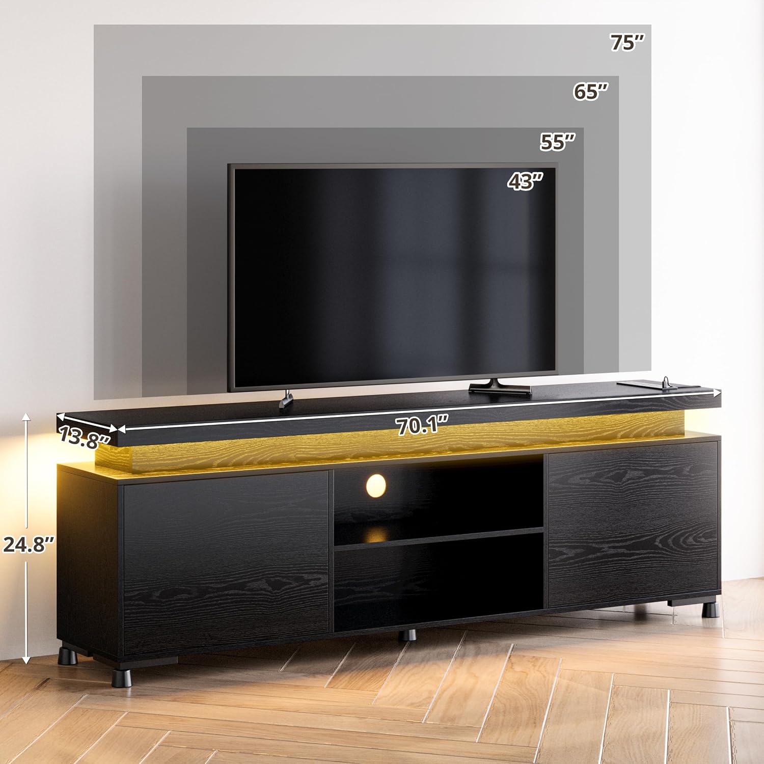 IRONCK TV Stand for TVs 85 inch, Entertainment Center with LED Lights and Power Outlet, TV Console Table with Cabinets and Open Storage Shelves, Black TV Stands for Living Room