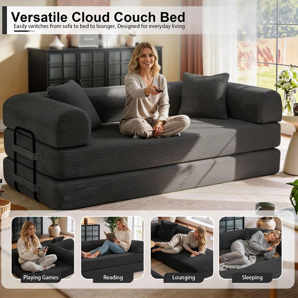 JJJ 78 inch Sofa Bed 4-in-1 Boneless Convertible Corduroy Sleeper Folding Couch with Fixed-Shape Frame and 2 Futons No Assemble Required 3 Seater Upholstered for Living Room (Black, 78 inch)