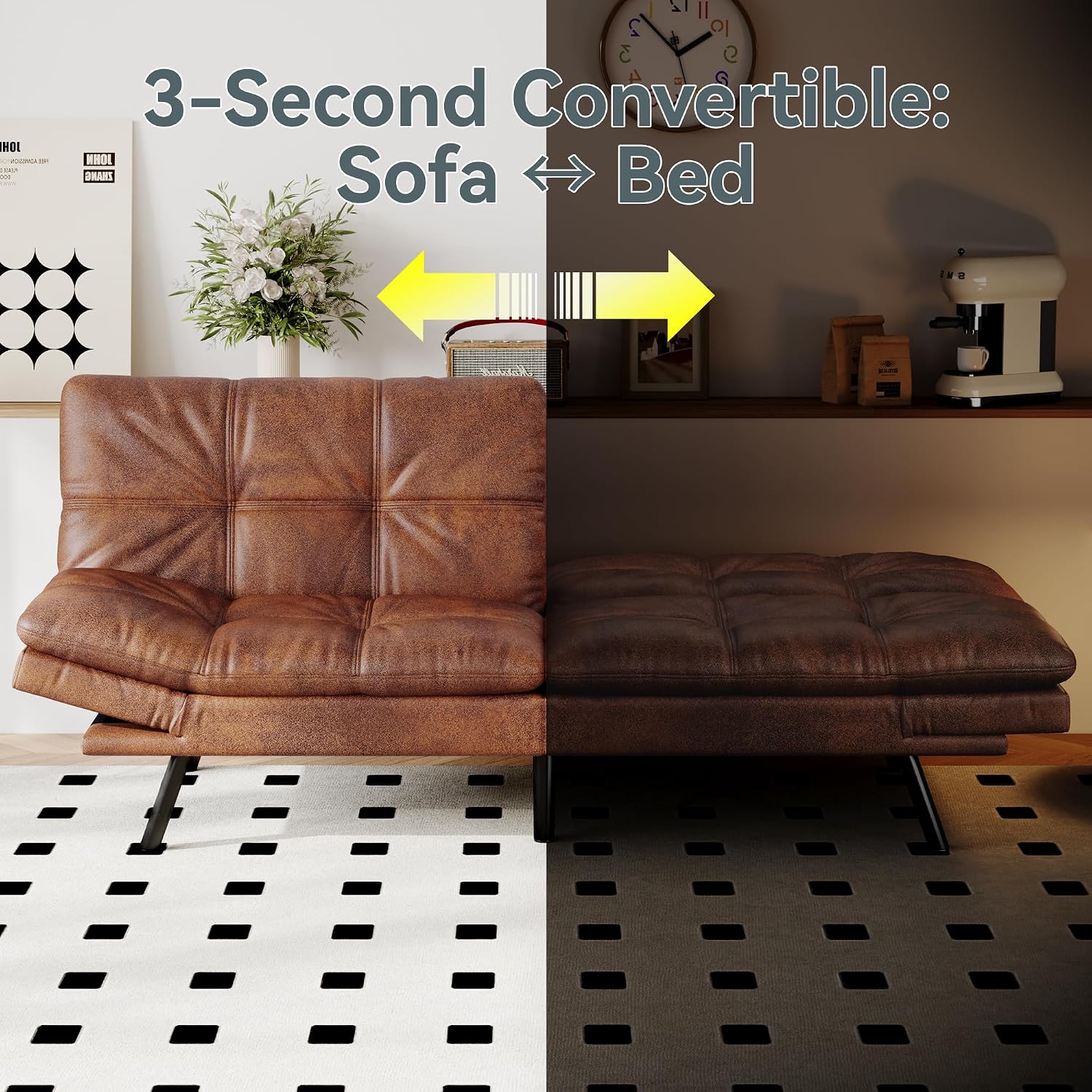 Futon Sofa Bed Convertible Couch, Brown Faux Leather Sofa Bed with Memory Foam, Adjustable Backrest & Armrests, Multifunctional Small Loveseat Sleeper Sofa for Living Room, Apartment, Office