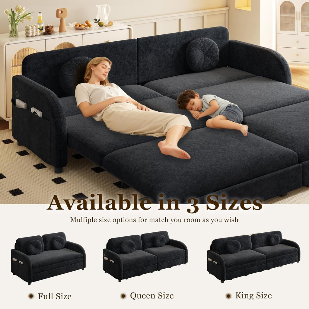 81.1'' Pull Out Couch Bed King Size, Chenille Sleeper Sofa Daybed, 3 in 1 Convertible Couches, Futon Sofa with 2 Pillows, Storage Pockets, USB, 3-Seater for Small Spaces, Living Room, Black