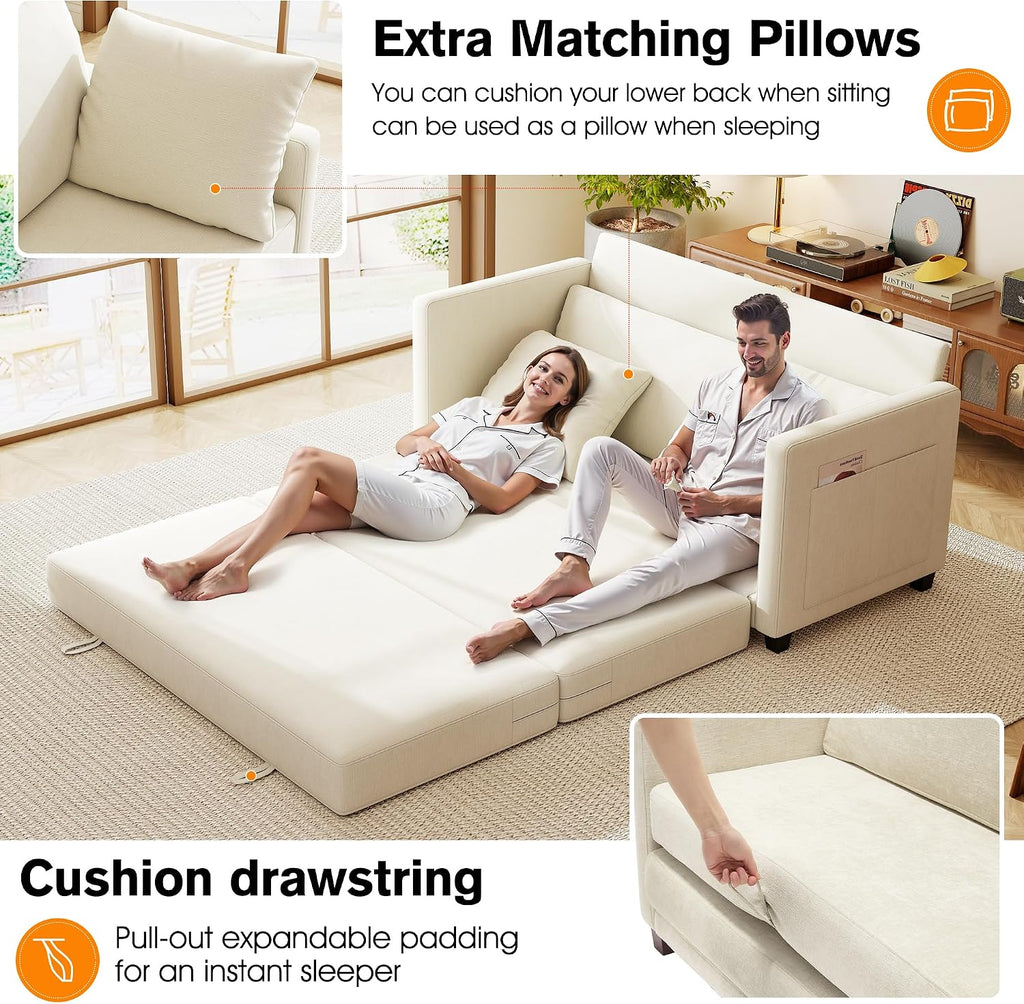 65' Loveseat Sleeper Sofa Bed, Chenille Convertible Sofa Bed for Small Spaces, Folding Couch Bed with Deep Seat, Solid Frame, Pull Out Floor Couches for Living Room, Beige
