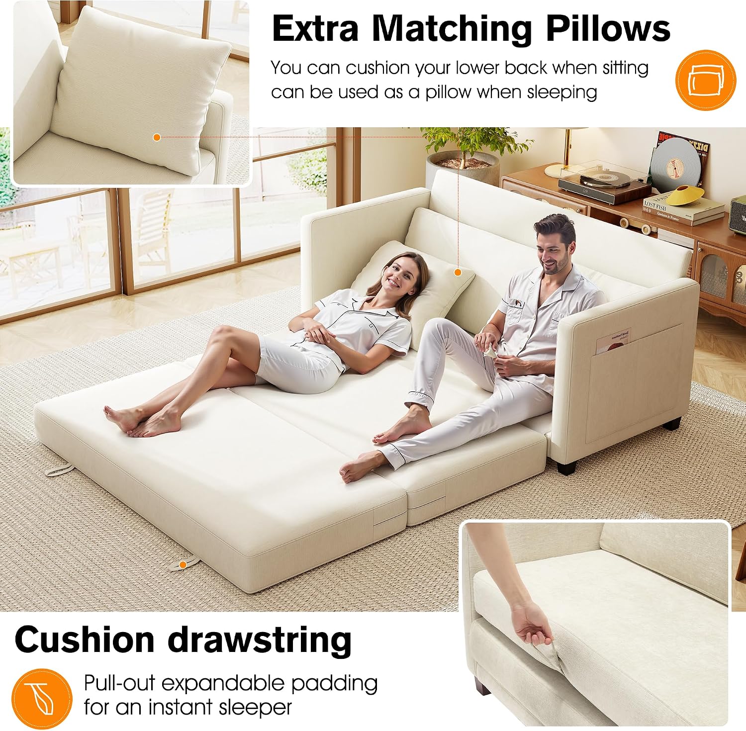 65' Loveseat Sleeper Sofa Bed, Chenille Convertible Sofa Bed for Small Spaces, Folding Couch Bed with Deep Seat, Solid Frame, Pull Out Floor Couches for Living Room, Beige