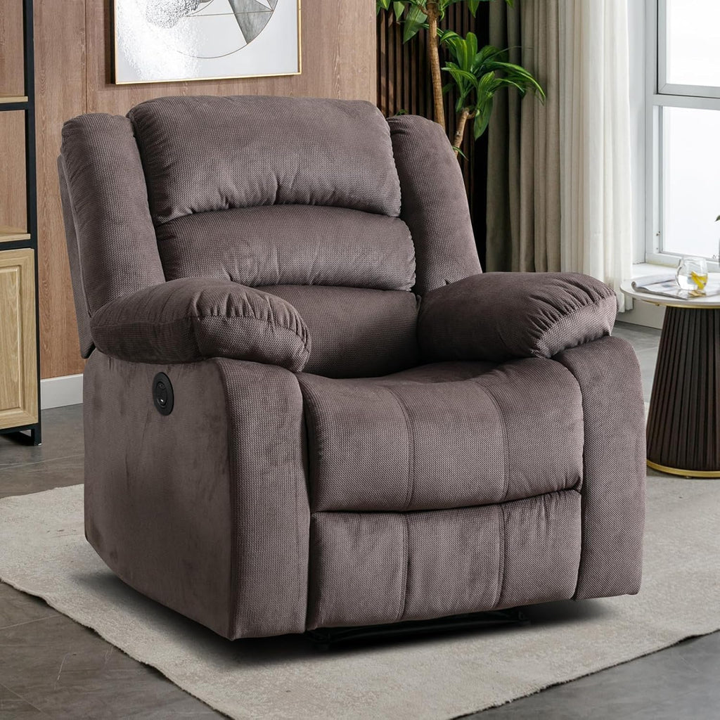 EBELLO Classic Power Recliner Chair, Oversized Electric Reclining Chair with Overstuffed Cushion and Back, Soft Fabric Adults Single Recliner Sofa for Living Room, Brown