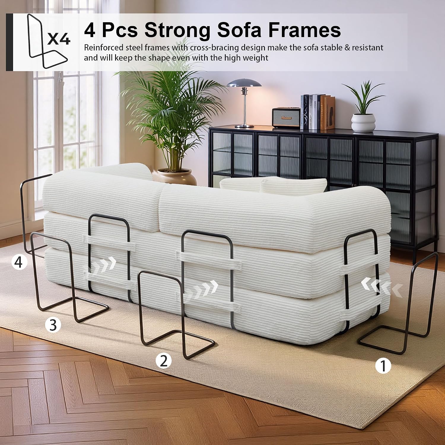 JJJ 78 inch Sofa Bed 4-in-1 Boneless Convertible Corduroy Sleeper Folding Couch with Fixed-Shape Frame and 2 Pillows Futons No-Assembly 3 Seater Upholstered for Living Room (Beige, 78 inch)