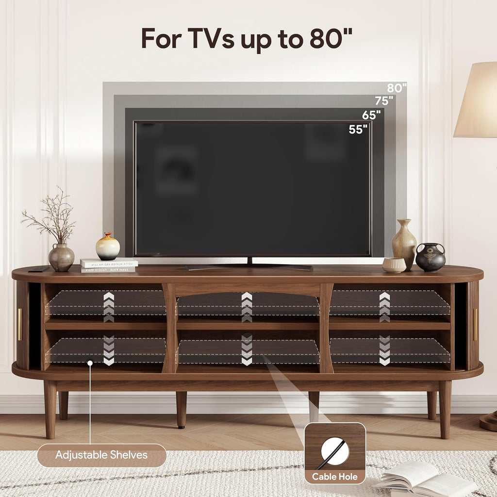 Decofy Mid Century TV Stand for TVs up to 80 Inches, Entertainment Center with Storage, Power Outlet, Fluted Sliding Doors & Adjustable Shelves, Modern Media TV Console Table for Living Room (Walnut)