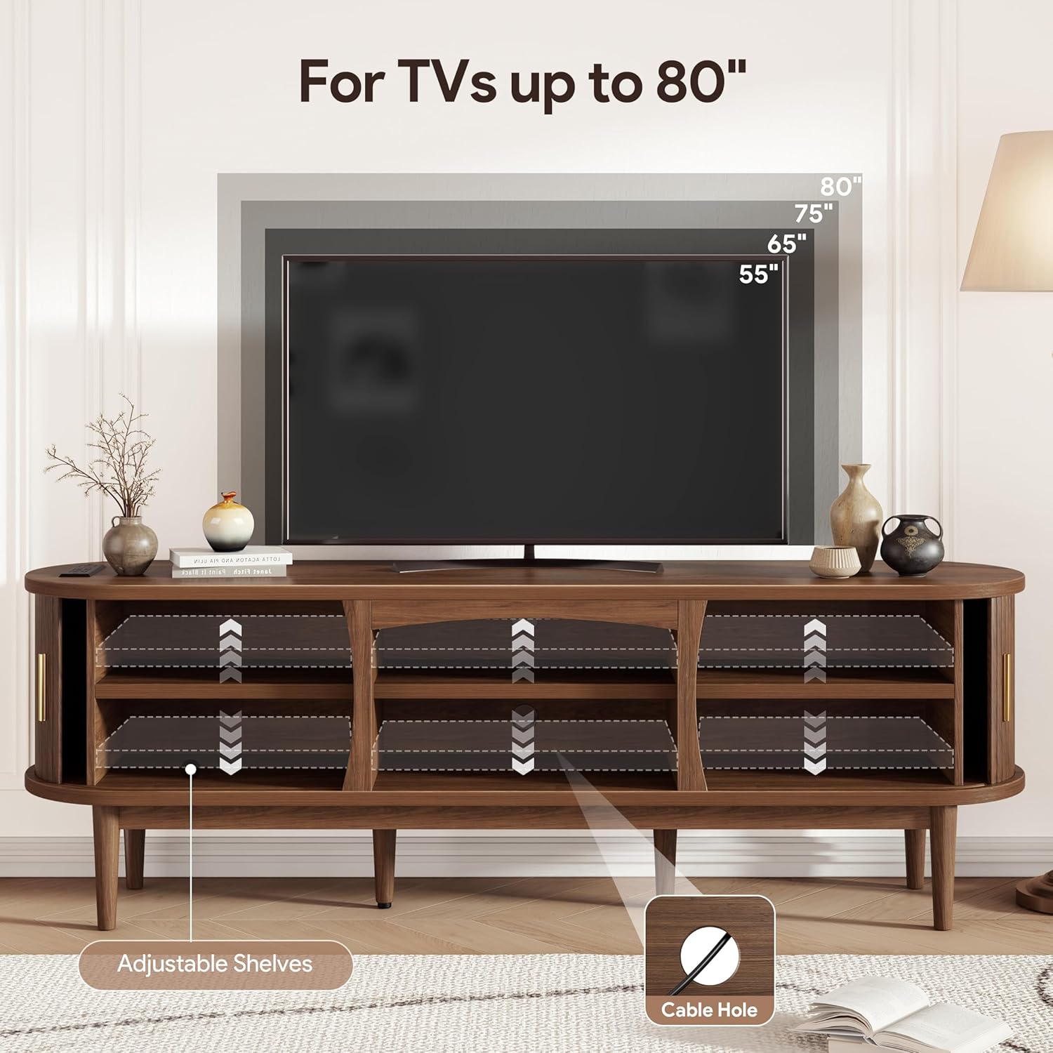 Decofy Mid Century TV Stand for TVs up to 80 Inches, Entertainment Center with Storage, Power Outlet, Fluted Sliding Doors & Adjustable Shelves, Modern Media TV Console Table for Living Room (Walnut)