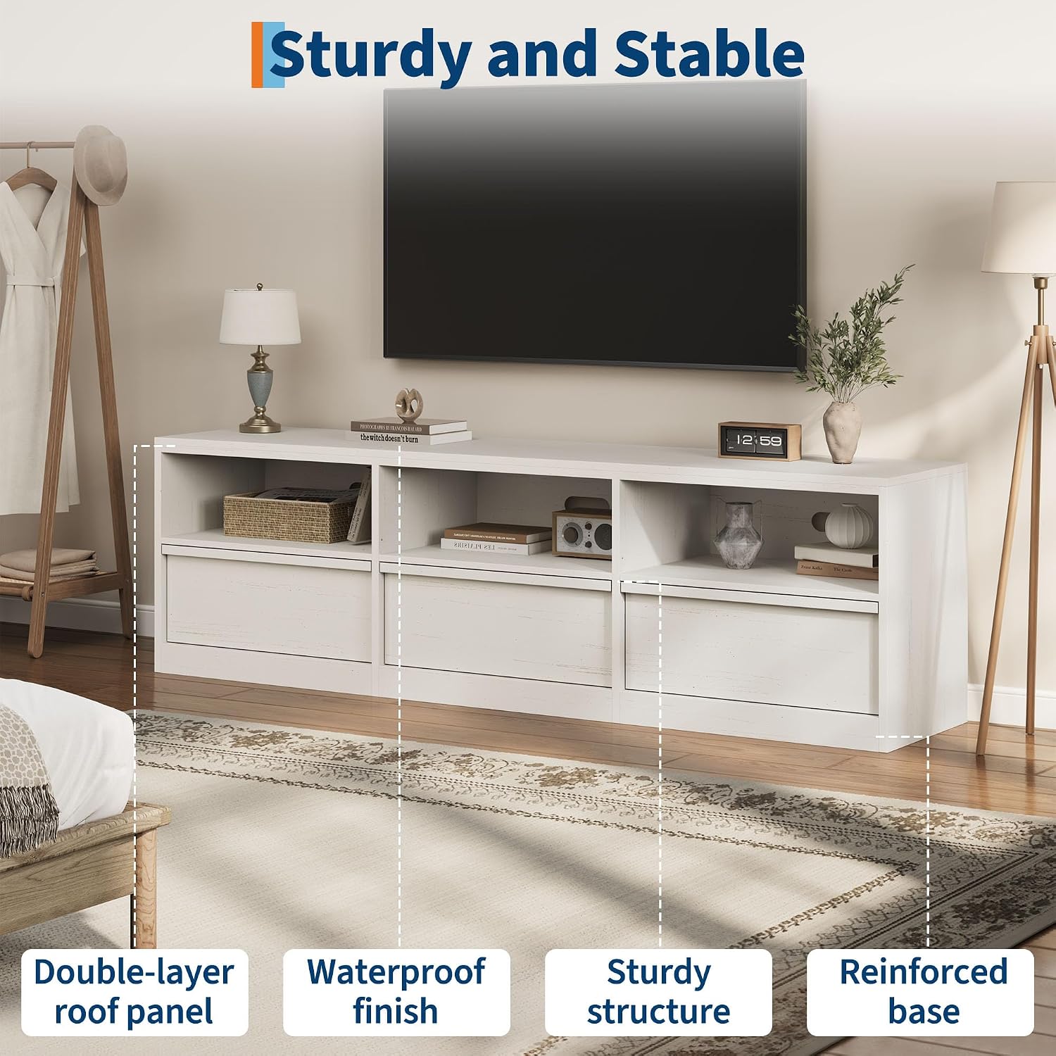 IDEALHOUSE 70 inch TV Stand for 80' TVs, Mid Century Modern Entertainment Center with Storage Drawer & Open Shelves, Wood Media Console Cabinet for Living Room/Bedroom, White