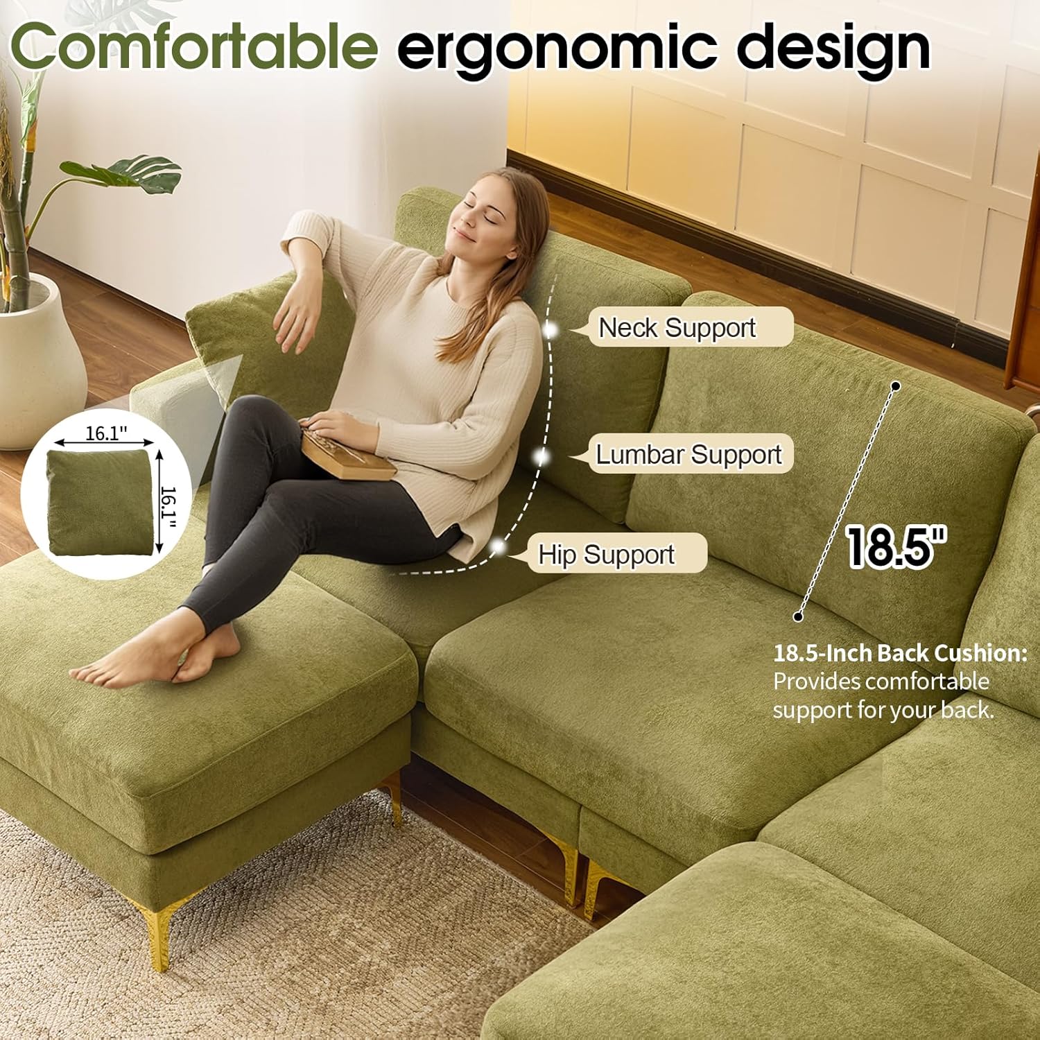 VINGLI 100' W U Shaped Couch with Ottoman, 22' Deep Seat Comfortable Sectional Couches for Living Room, 3 Seater Chenille Fabric Cloud Sofa for Apartment, Small Spaces, Bedroom, Green