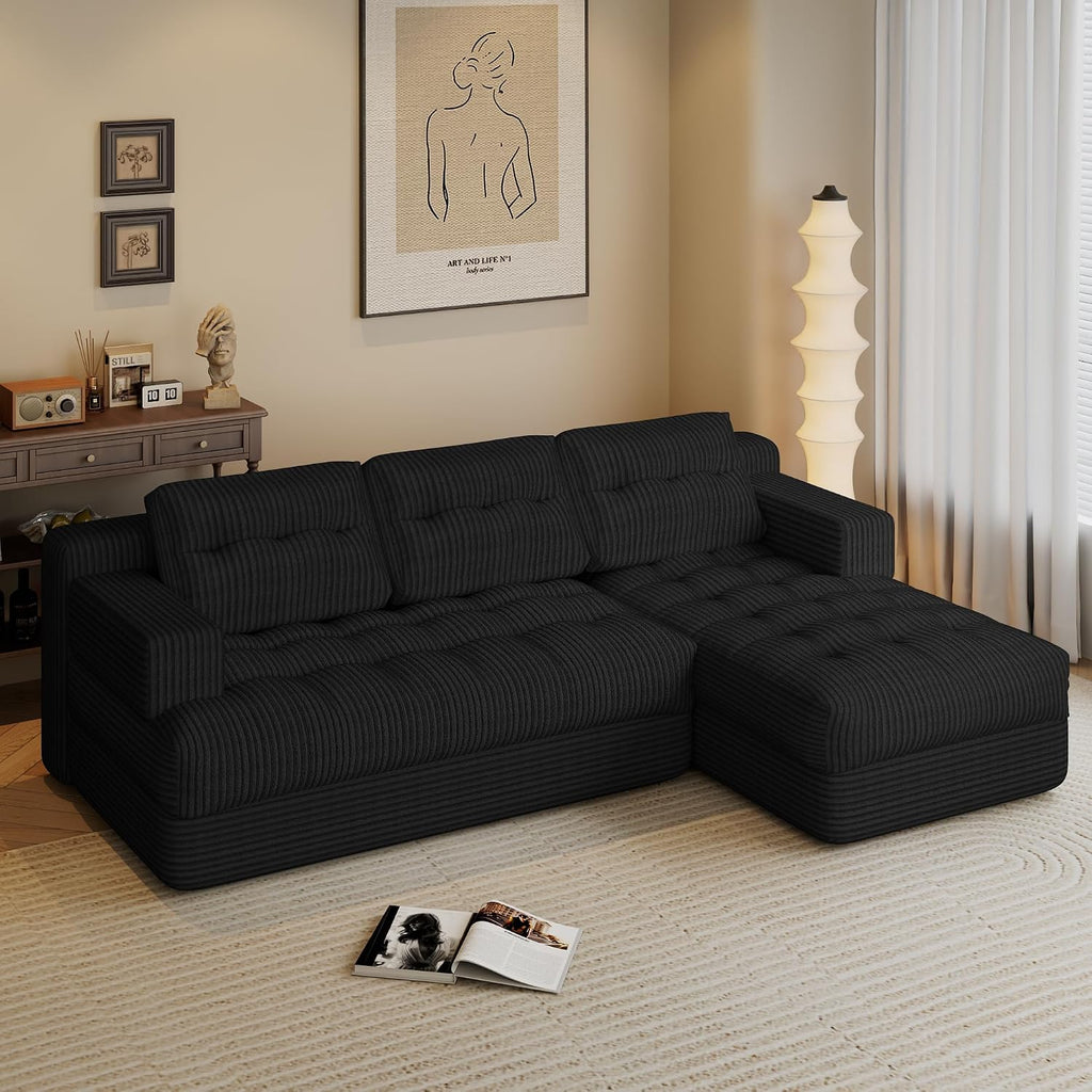 Boneless Couch, 2026 New Boneless Sectional Couch with Deep Seat & Chaise for Small Spaces, Upholstered Cloud Couch Sectional Boneless Couches for Living Room, No Assembly, Right Facing Chaise, Black