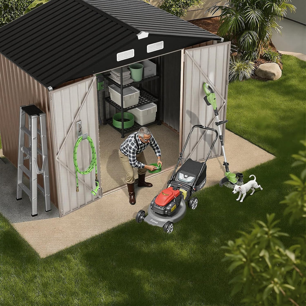 GVDV 8x6 FT Full Size Outdoor Metal Storage Shed with Floor, Durable Garden Shed with Reinforced Sidewall Girts & Updated Frame Structure, All-Weather Shelter for Backyard, Patio, Tool, Bike Storage