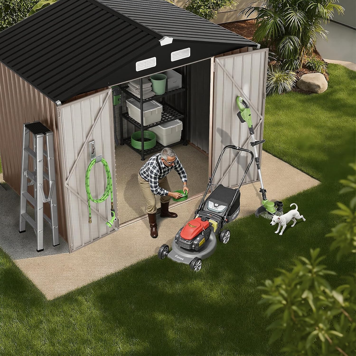 GVDV 8x6 FT Full Size Outdoor Metal Storage Shed with Floor, Durable Garden Shed with Reinforced Sidewall Girts & Updated Frame Structure, All-Weather Shelter for Backyard, Patio, Tool, Bike Storage