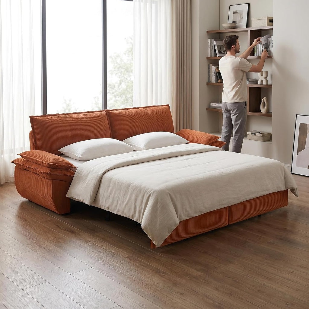 73.2' Sofa Bed Queen, 3-in-1 Pull Out Sofa Bed with Pillow Armrest, Modern Corduroy Convertible Sleeper Futon Sofa for Living Room Small Space, Apartment, Bedroom, Orange