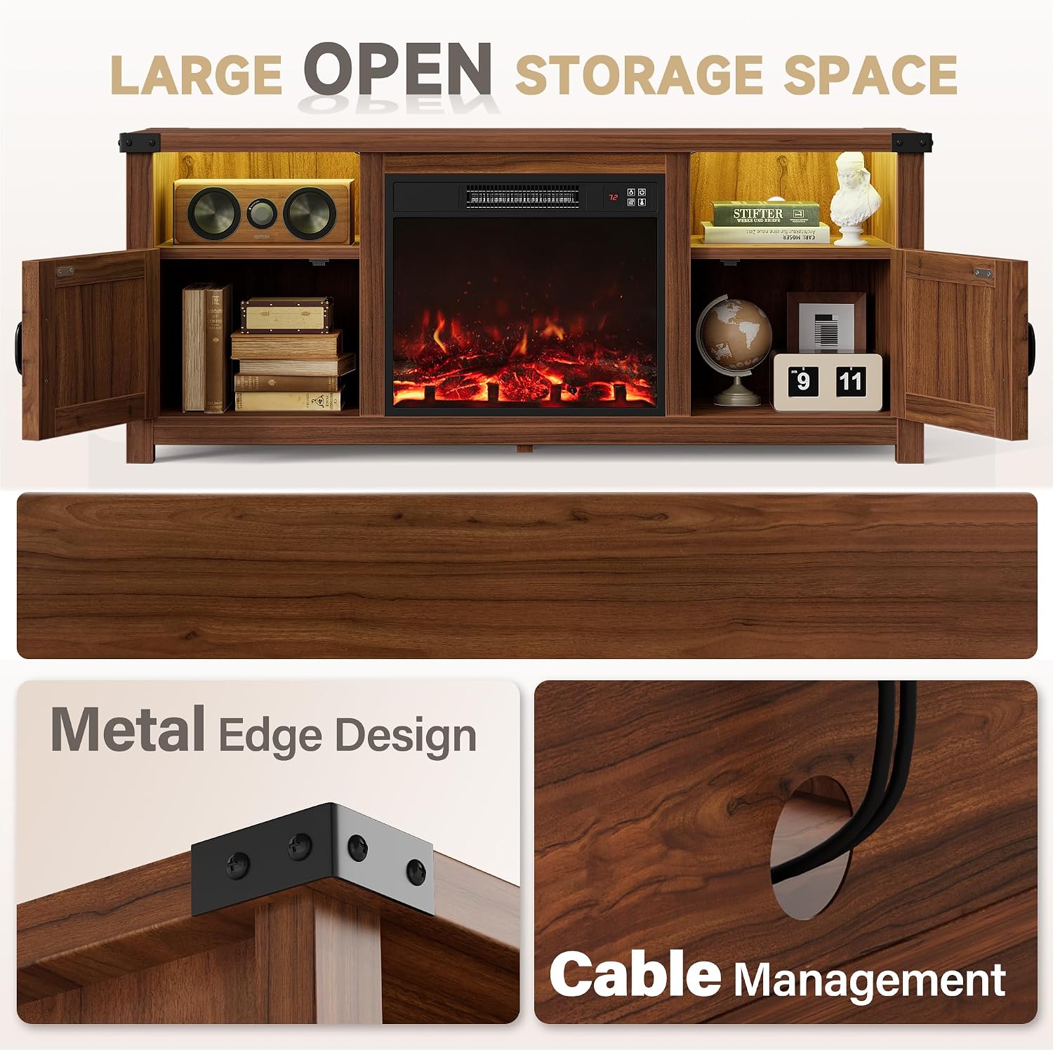 Furmax LED Entertainment Center with Fireplace, Fireplace TV Stand with Storage Cabinets and 2 Open Shelves, Modern Media TV Console for Living Room (Dark Brown)