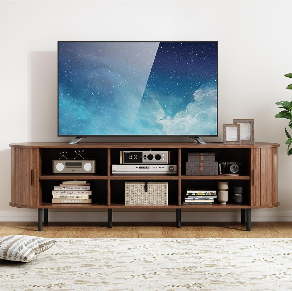70.8' TV Stand with Power Outlet, Mid-Century Modern Television Stand, Fluted Media Console with Sliding Doors, Entertainment Center for TVs up to 60 Inch, Adjustable Shelves, Walnut