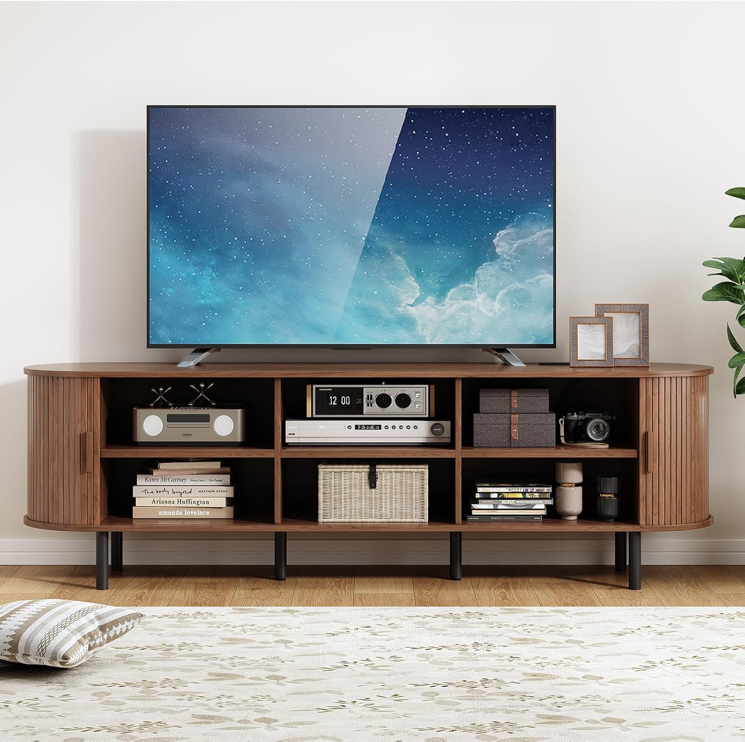 70.8' TV Stand with Power Outlet, Mid-Century Modern Television Stand, Fluted Media Console with Sliding Doors, Entertainment Center for TVs up to 60 Inch, Adjustable Shelves, Walnut