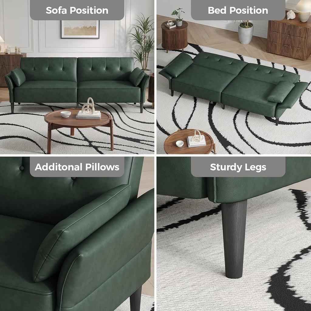 COPIAE 89' Futon Sofa Bed,Futon Couch Bed with 2 Square Pillows,Convertible Sleeper Sofa with Adjustable Backrest& Armrests, Modern Loveseat Sleeper for Living Room, Bedroom,Faux Leather Green