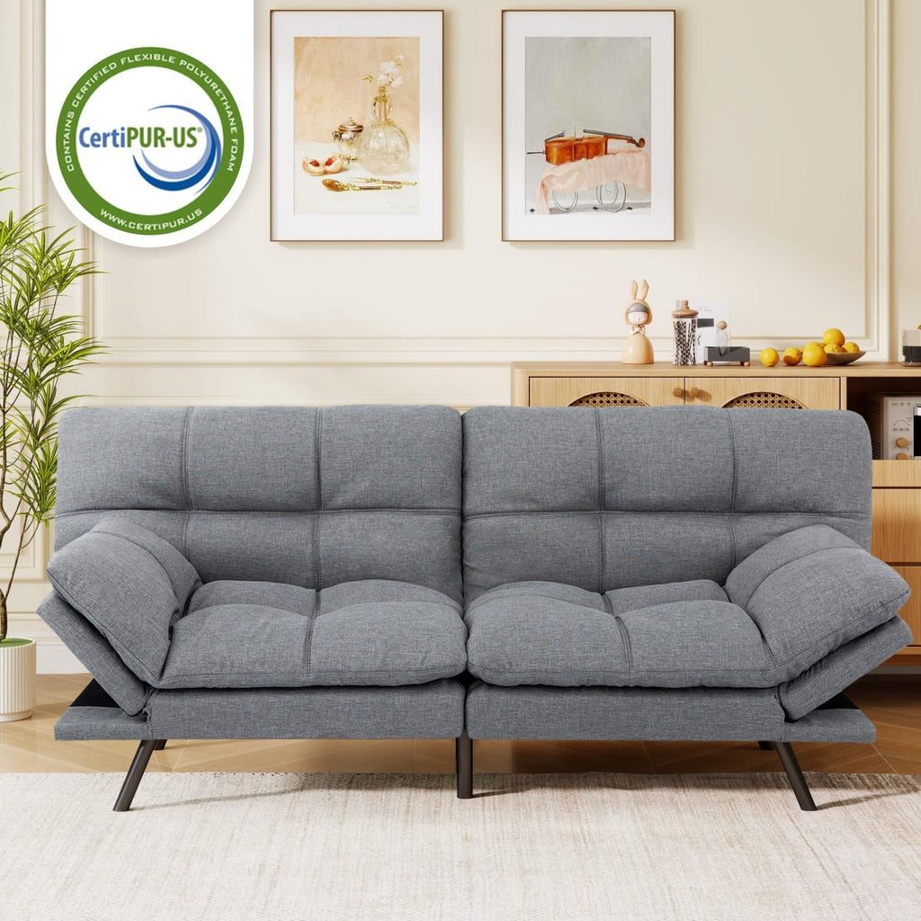 MUUEGM Futon Sofa Bed, 71' Convertible Memory Foam Sofa Couch with Adjustable Backrest & Armrests, Modern Upholstered Sleeper Couch for Small Spaces, Living Room & Apartment, Linen Fabric, Lihgt Gray