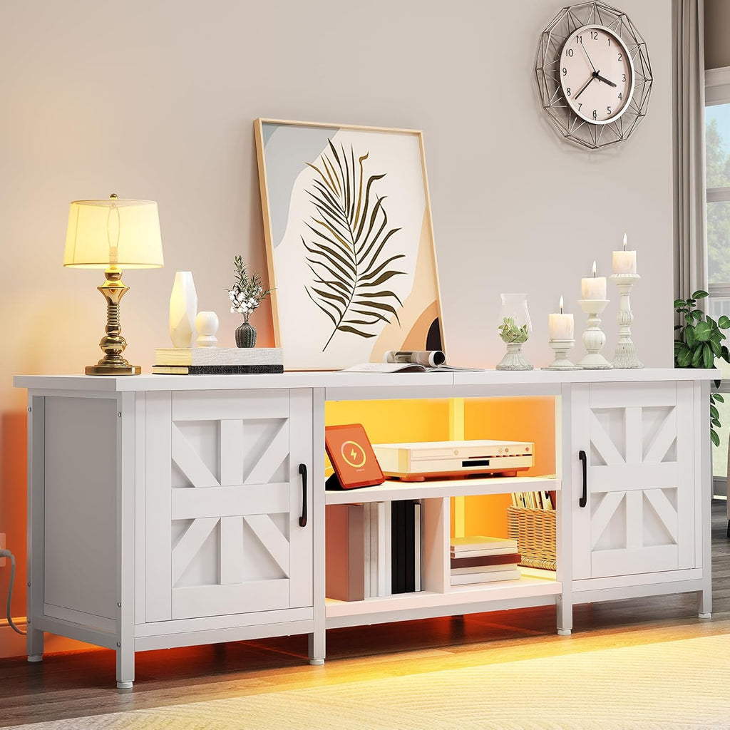 YITAHOME TV Stand with LED Lights & Charging Station, Farmhouse Entertainment Center with Storage Cabinets & Shelves, Cross-Pattern Doors, Fits TVs up to 70'', TV Consoles for Living Room, White