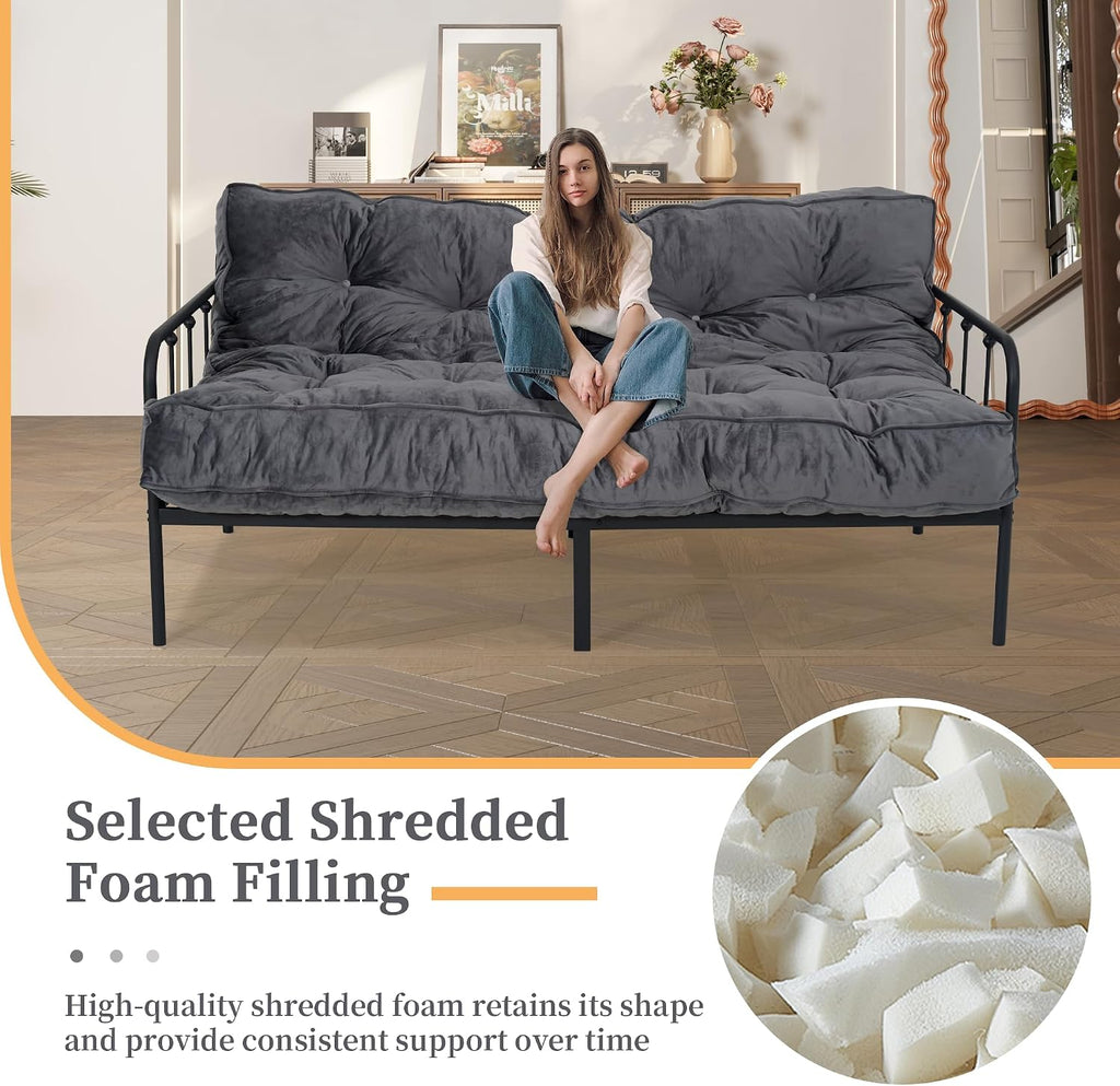 8' Queen Size Futon Mattress Sofa Bed, Extra Thick Foldable Floor Mattress, Shredded Foam Filling for Adults/Teens/Pets with No Assembly Needed, Frame Not Included - Dark Grey