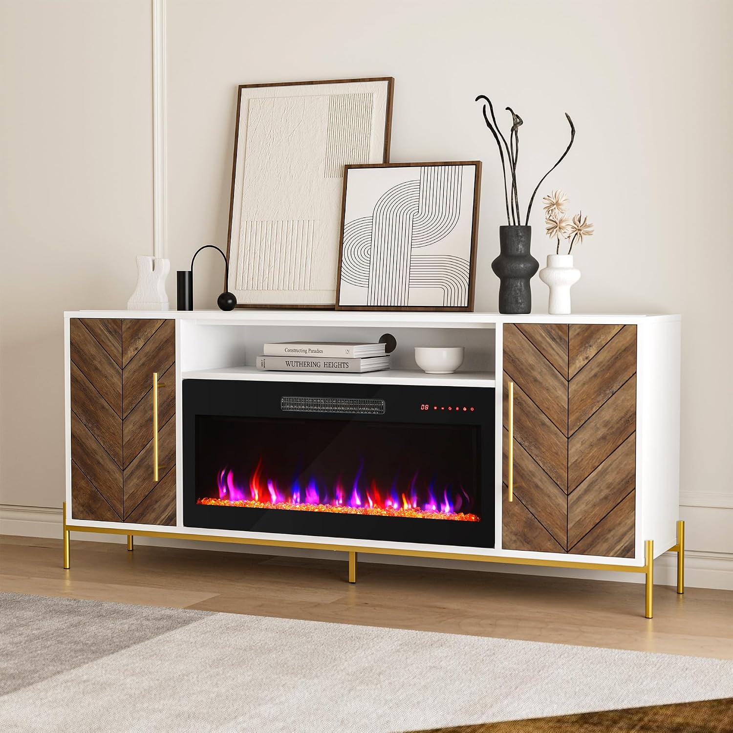 BELLEZE 68' Wood TV Stand with 36' Electric Fireplace, Entertainment Center with Storage Cabinet, Console Table for TVs up to 75 Inches, for Living Room, Bedroom - Harper (White Ebony)