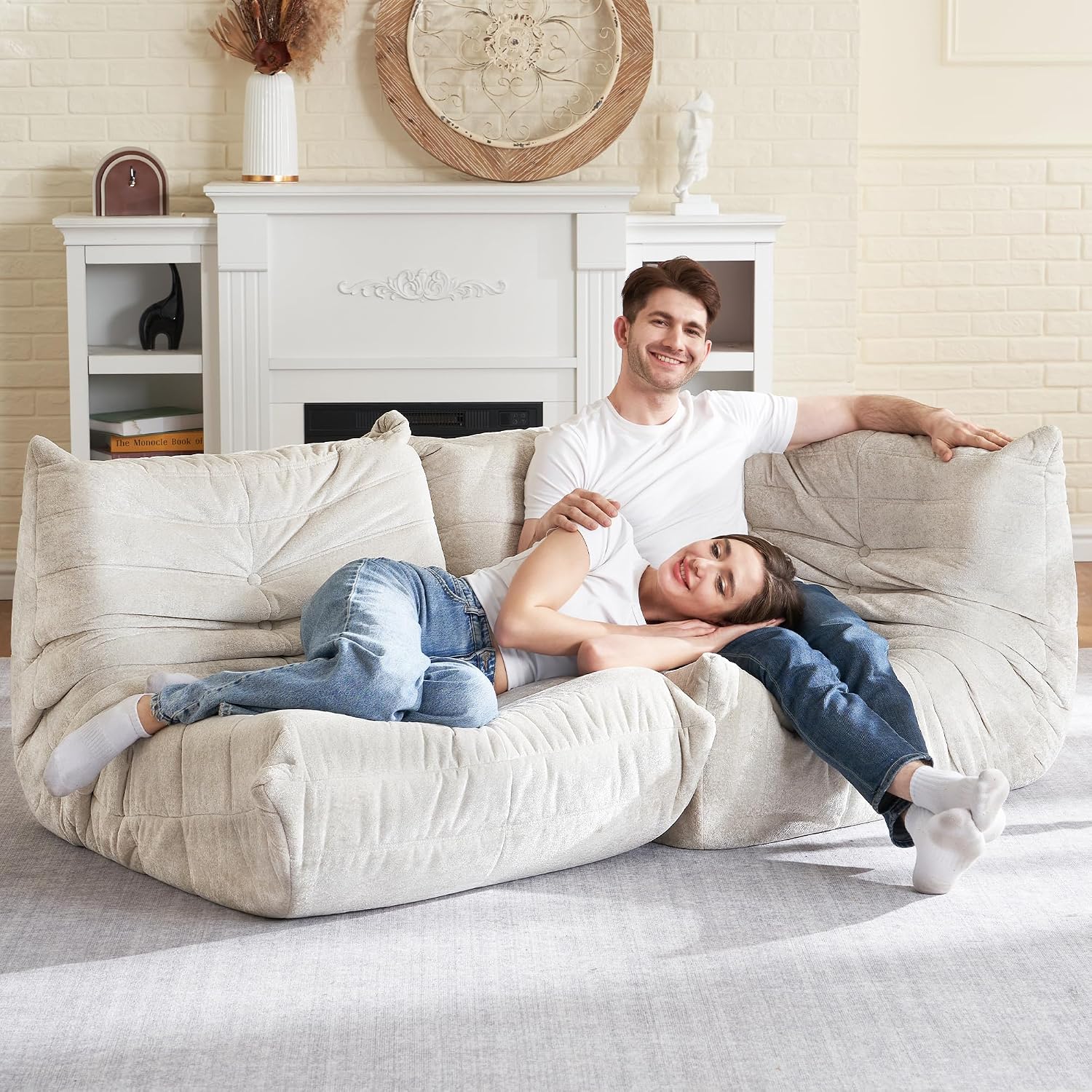 HABUTWAY Bean Bag Chair, Memory Foam Bean Bag Chairs for Adults, Fireside Corner Chair Lazy Floor Corner Sofa for Living Room, Bedroom, Dorm, Office (Beige)