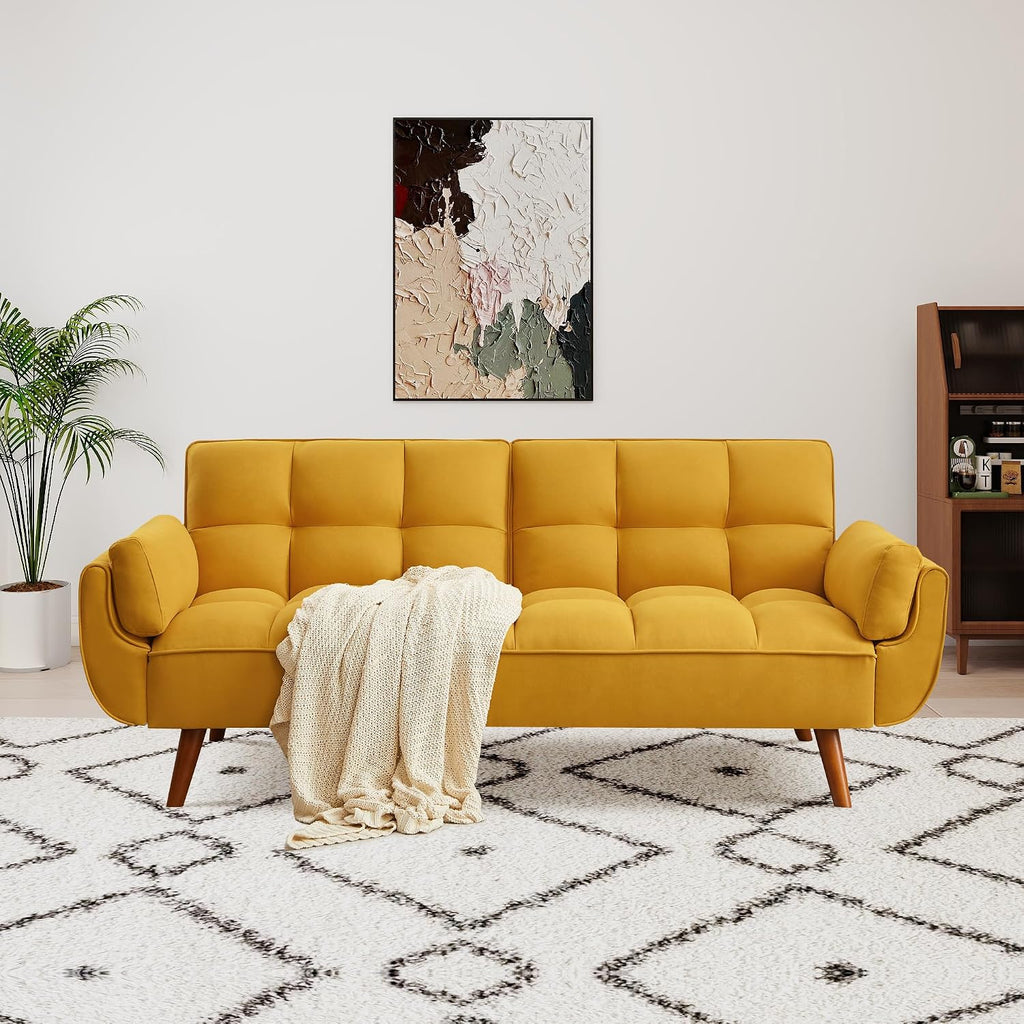 75' Convertible Futon Sofa Bed, Sleeper Couch Bed with Adjustable Backrest, Small Couches for Small Spaces, Living Room, Bedroom and Office (Yello)