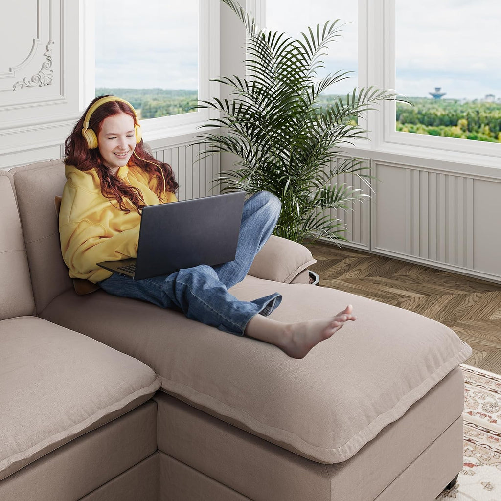 110' Sectional Couches for Living Room,4 Seat U Shape Modular Couch with Thick Cushion & Soft Backrest,Upholstered Sofa Couch with Double Chaise,Beige