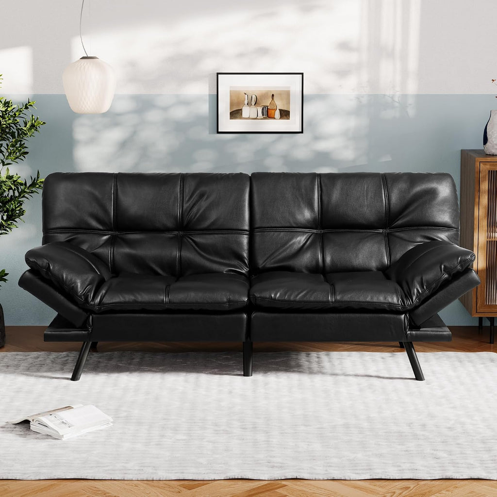 Vyfipt Convertible Futon Sofa Bed, Black Faux Leather Futon Couch with Adjustable Backrest & Armrests, Folding Small Recliner Sleeper Sofa Bed for Living Room, Apartment, Office