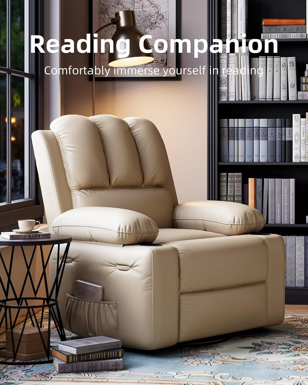 22 in Leather Recliner Chair for Adults, Overstuffed Manual Recliner Chair, Single Sofa with Cup Holder and Side Pockets, Upholstered Chair for Living Rooms, Creamy