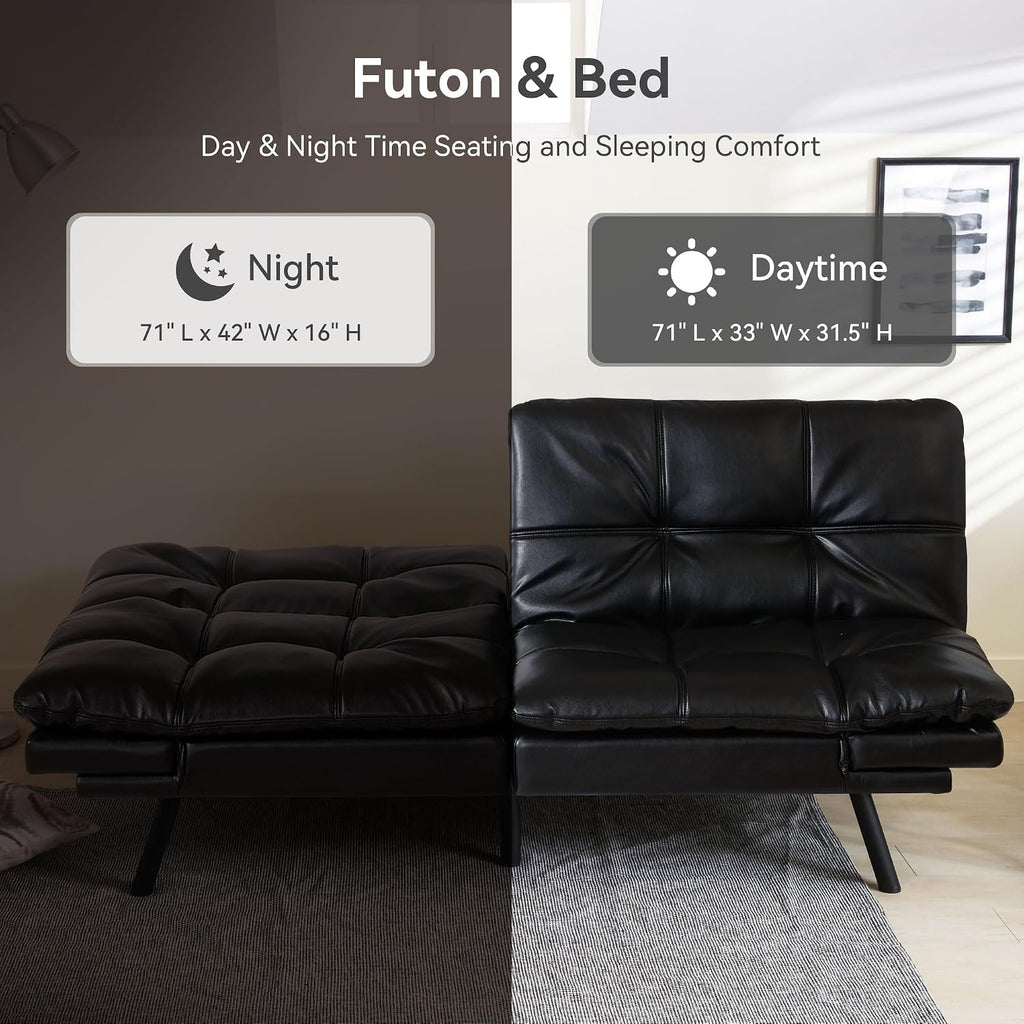 Convertible Futon Sofa Bed,71' Modern Premium Faux Leather Futon Couch with Adjustable Backrest&Armrest,Small Loveseat Sleeper Sofa,Dorm Futonsofa for Apartment,Living Room,Black