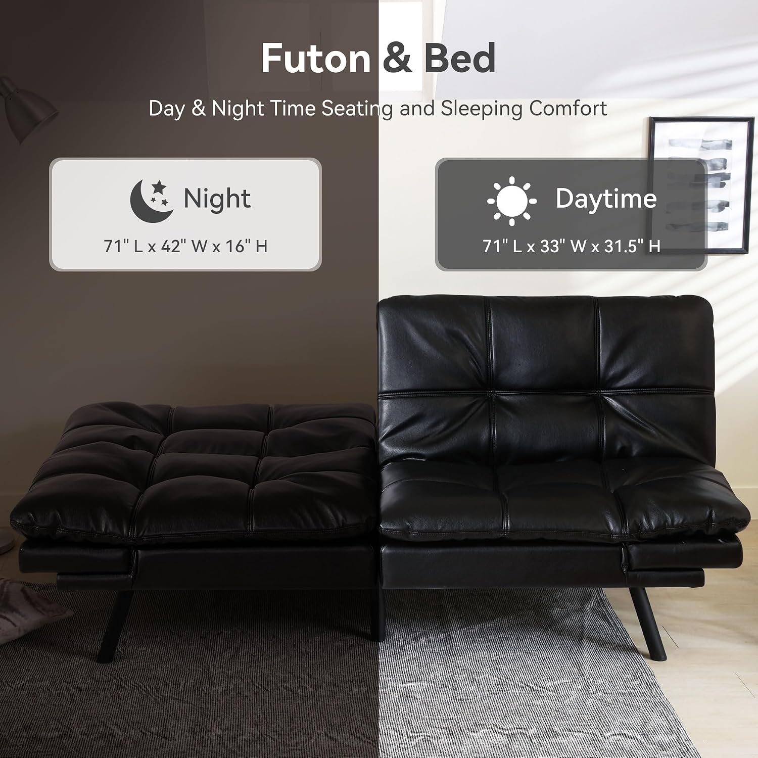 Convertible Futon Sofa Bed,71' Modern Premium Faux Leather Futon Couch with Adjustable Backrest&Armrest,Small Loveseat Sleeper Sofa,Dorm Futonsofa for Apartment,Living Room,Black